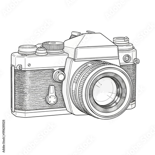 Vintage camera sketch illustration on white background