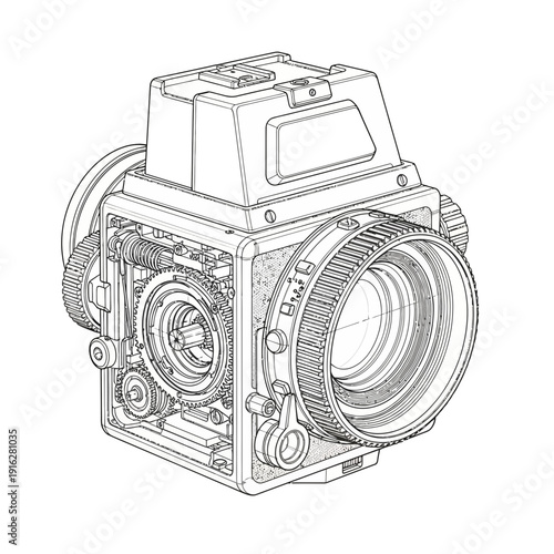 Vintage medium format camera schematic, internal mechanism, black and white line drawing