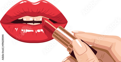 Applying Red Lipstick on Woman Mouth Vector Beauty Concept