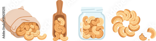 Cashew Nuts Collection in Sack Wooden Scoop Glass Jar and Pile Healthy Organic Snack Food Ingredient Vector Illustration Set