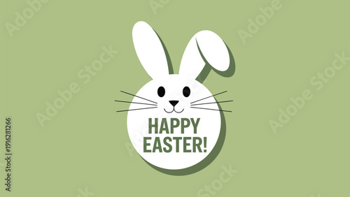 Happy Easter cute bunny face badge with rabbit ears flat vector illustration on pastel green background for spring holiday greeting