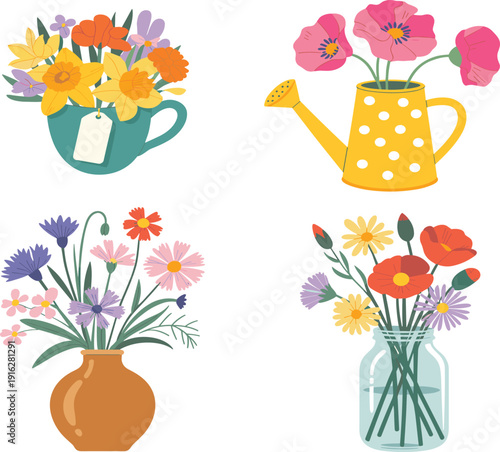 Colorful spring flower arrangements in pots and watering can, floral bouquets in vases, flat vector illustration