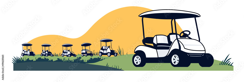 Obraz premium Minimalist flat vector illustration of white golf carts lined up on green grass with abstract yellow sky background for leisure and sport transportation concept