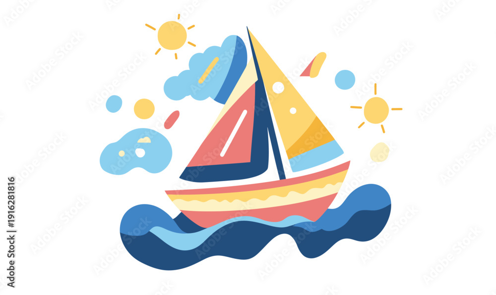 Fototapeta premium Colorful sailboat with vibrant sails floating on stylized blue waves under sunny sky with abstract clouds in flat minimalist vector style