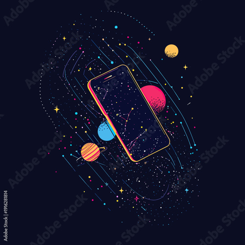 Abstract smartphone with cosmic universe design surrounded by colorful planets and starry space elements in modern vector style digital illustration