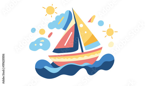 Colorful sailboat with vibrant sails floating on stylized blue waves under sunny sky with abstract clouds in flat minimalist vector style