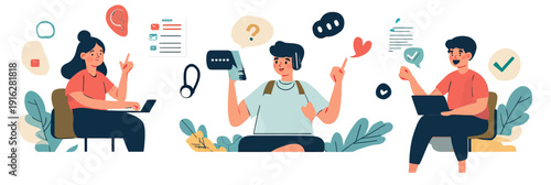Customer support online help desk team providing answers and feedback with laptops and headset in flat vector illustration