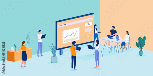 Isometric business team analyzing growth charts on large monitor with laptops and digital devices in modern office workspace concept vector illustration