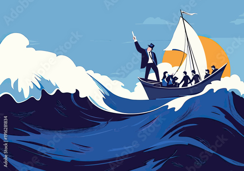 Business leader captain pointing forward on sailing boat with team navigating large ocean wave during sunset for leadership teamwork and challenge concept flat vector illustration