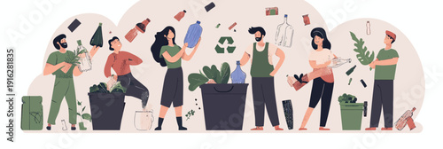 Group of diverse people recycling plastic bottles and waste in bins, promoting sustainable environment and eco friendly lifestyle vector illustration