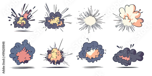 Set of eight hand drawn cartoon explosion effects with bursting smoke clouds and dynamic burst lines in flat minimalist style vector illustration