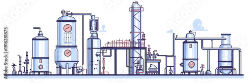 Detailed vector illustration of industrial ethanol alcohol production distillery with distillation columns pipes tanks and vintage machinery equipment in flat minimalist style