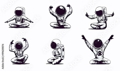 Set of six black and white illustrations of astronauts sitting in various yoga and meditation poses with space helmets and detailed suits on white background vector flat minimalist style