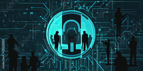 Cyber security concept with digital lock icon and silhouettes of people on futuristic circuit board background for data protection and internet safety design