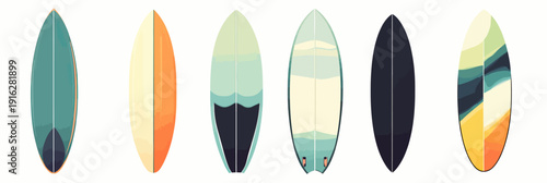 Set of six colorful modern surfboards in flat minimalist vector style isolated on white background with varied patterns and shapes for beach sport and leisure activities illustrations