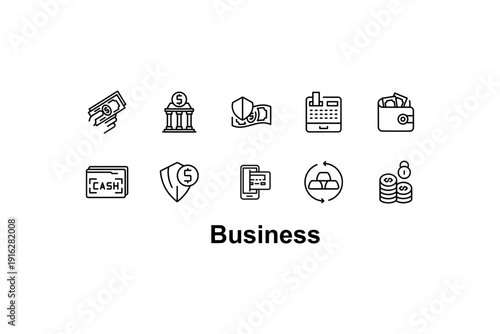 Set of business outline icons featuring handshake, bank building, pie chart, calendar, briefcase, cash, shield protection, document, refresh symbol, and coins. Vector line art collection.