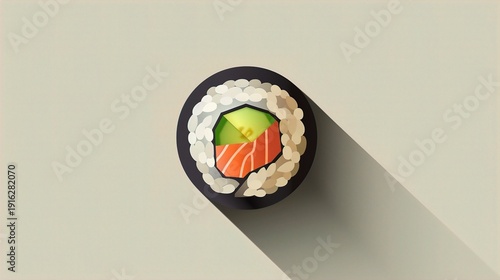 A vector icon of a fresh sushi roll with salmon and avocado, placed on a solid background.
