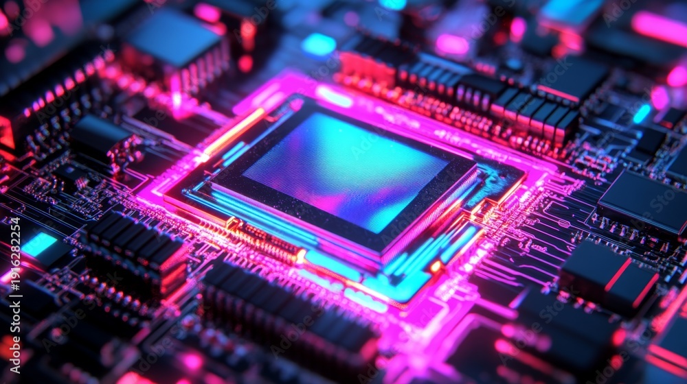 Obraz premium Illuminated semiconductor nano chip close-up technology laboratory high-resolution image futuristic environment macro viewpoint innovation insight