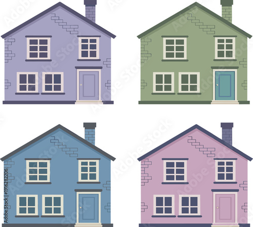 Colorful two story suburban house icon set, residential home architecture building styles, flat vector real estate illustration