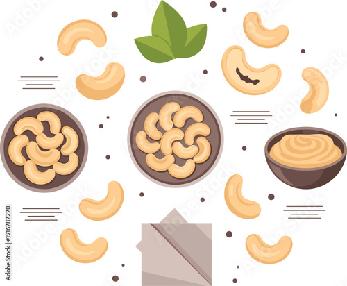 Cashew Nuts in Bowl with Scattered Roasted Cashew Snacks Healthy Organic Protein Food Ingredient for Vegan Cooking Vector Illustration