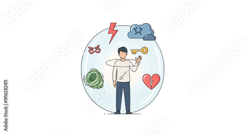 Man inside protective bubble with emotional symbols vector illustration