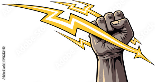 A raised fist clutching yellow lightning bolts