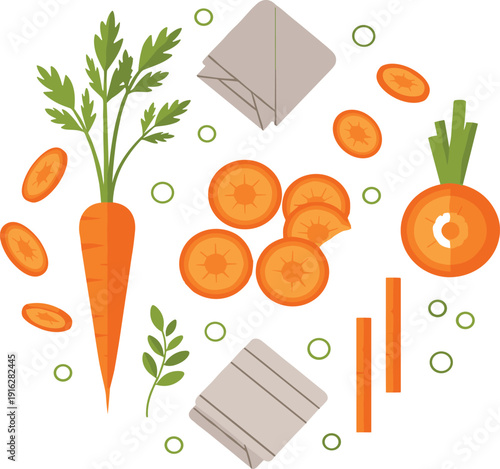 Fresh Carrot Vegetable with Slices and Sticks Healthy Organic Food Ingredients for Cooking, Salad, Vegan Nutrition Vector Illustration