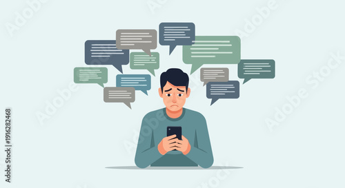 Man overwhelmed by messages holding smartphone concept of communication