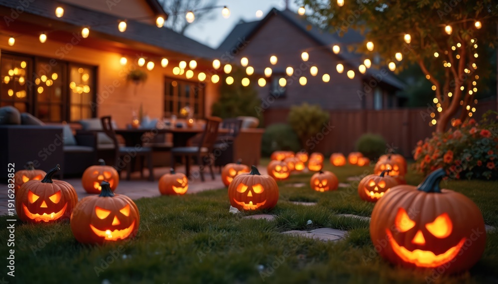 Fototapeta premium Carved glowing pumpkins on lawn at night. Yard decorated with string lights for Halloween party. Outdoor patio furniture visible in background. Spooky autumn scene.