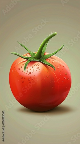 A vector icon of a juicy, red tomato with a green stem, showing detailed texture and color, positioned on a solid background.