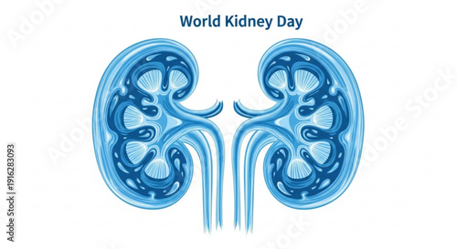 World kidney day awareness illustration of blue kidneys on white background