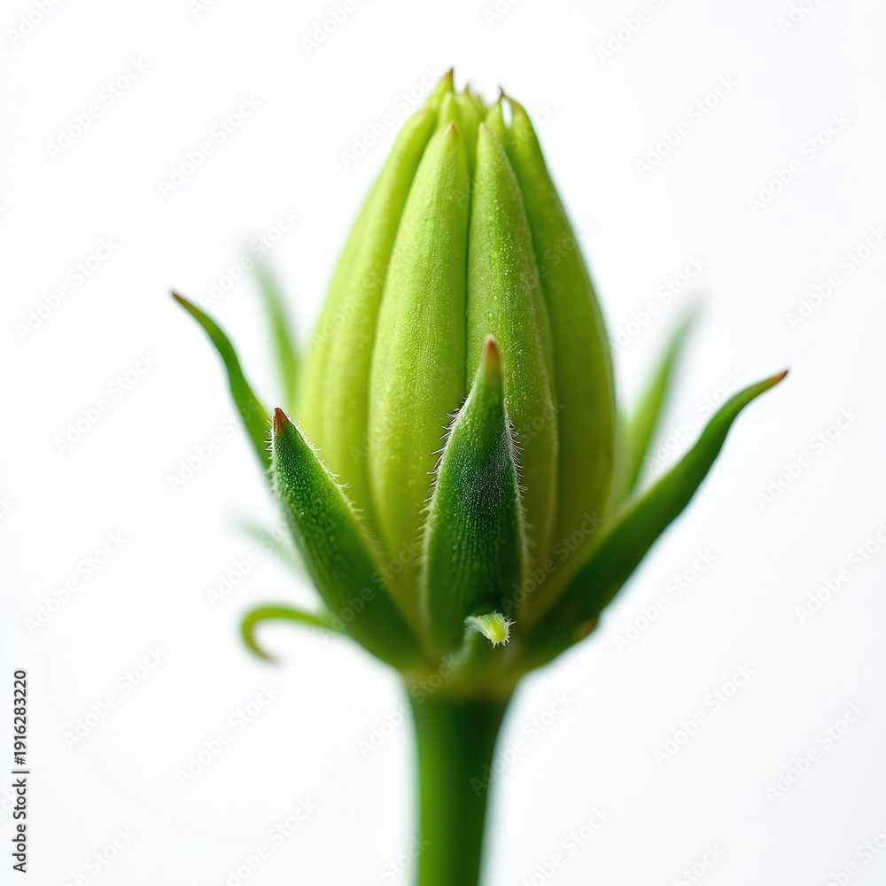 Obraz premium Green flower bud rests on stem. Tiny hairs cover sepals. Petals tightly furled, hinting at future bloom. Simple white background isolates delicate plant.