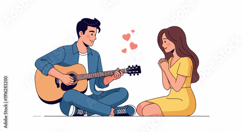 Illustration of a romantic young man playing guitar and singing to a young woman with hearts floating above them on a white background.