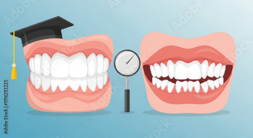 Teeth with graduation cap and magnifying glass dental education concept with healthy white teeth