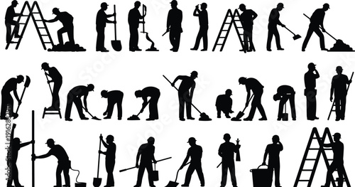 Construction workers silhouette collection using ladder, shovel and tools isolated on white background industrial labor set illustration