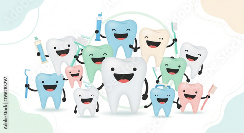 Smiling cartoon teeth characters with toothbrushes for dental health and hygiene concepts