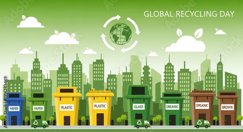 Global recycling day illustration with cityscape and recycling bins for paper metal plastic glass and brown waste on green background