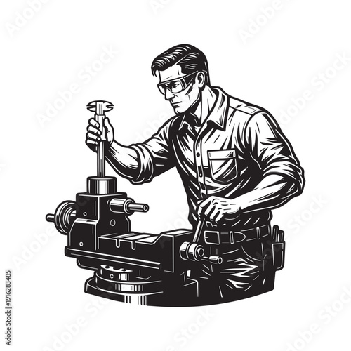 Industrial worker silhouette using a hammer and chisel, male craftsman or carpenter wearing a safety helmet, manual labor vector illustration isolated on white background.
