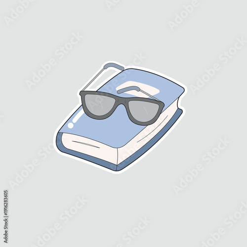 Blue book sticker with reading glasses. Ideal for optometry clinics, bookstores, academic tutoring, library services, or intellectual lifestyle blogs