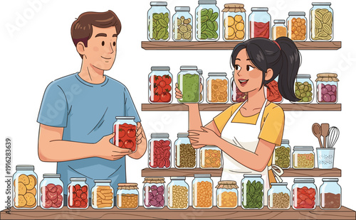 Smiling cartoon man and woman organizing jars of food in a pantry kitchen