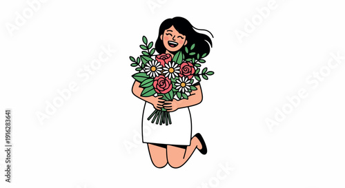 A smiling woman with long black hair holding a colorful bouquet of flowers in a white dress against a clean white background with a joyful mood.