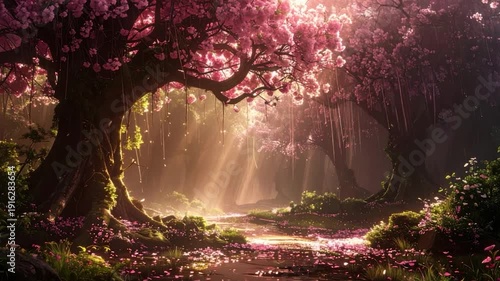 A vibrant forest scene with blossom-laden trees and dappled sunlight