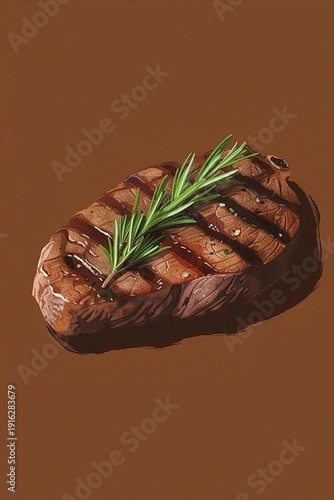 A vector icon of a juicy steak with grill marks and a sprig of rosemary, centered on a solid background.