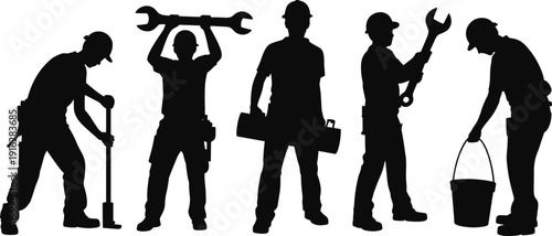 Construction worker silhouette set holding wrench, toolbox and bucket isolated on white background industrial labor concept illustration