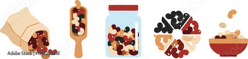 Granola with Dried Fruits and Nuts Illustration Set Healthy Breakfast Cereal in Bowl Jar and Scoop Vector Collection