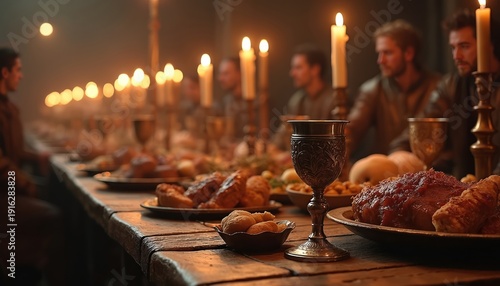 Medieval banquet scene with people dining by candlelight. Rich food like roasted meat and bread fills wooden table. Men in historical attire raise goblets, celebrating, sharing meal in old hall.