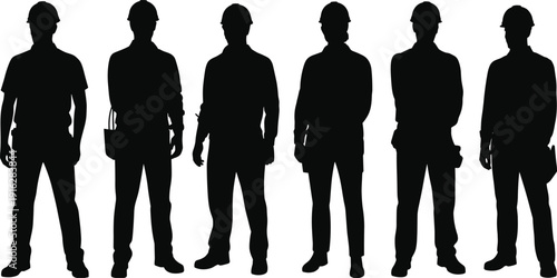 Construction worker silhouettes standing in different poses isolated on white background industrial labor team concept illustration