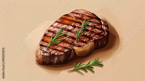 A vector icon of a juicy steak with grill marks, garnished with rosemary, placed on a solid background.