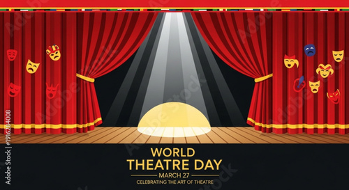 Theatre stage with red curtains and comedy masks on world theatre day