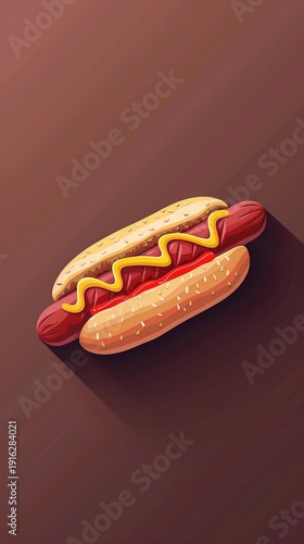 A vector icon of a perfectly grilled hot dog in a bun, topped with ketchup and mustard, set on a solid background.